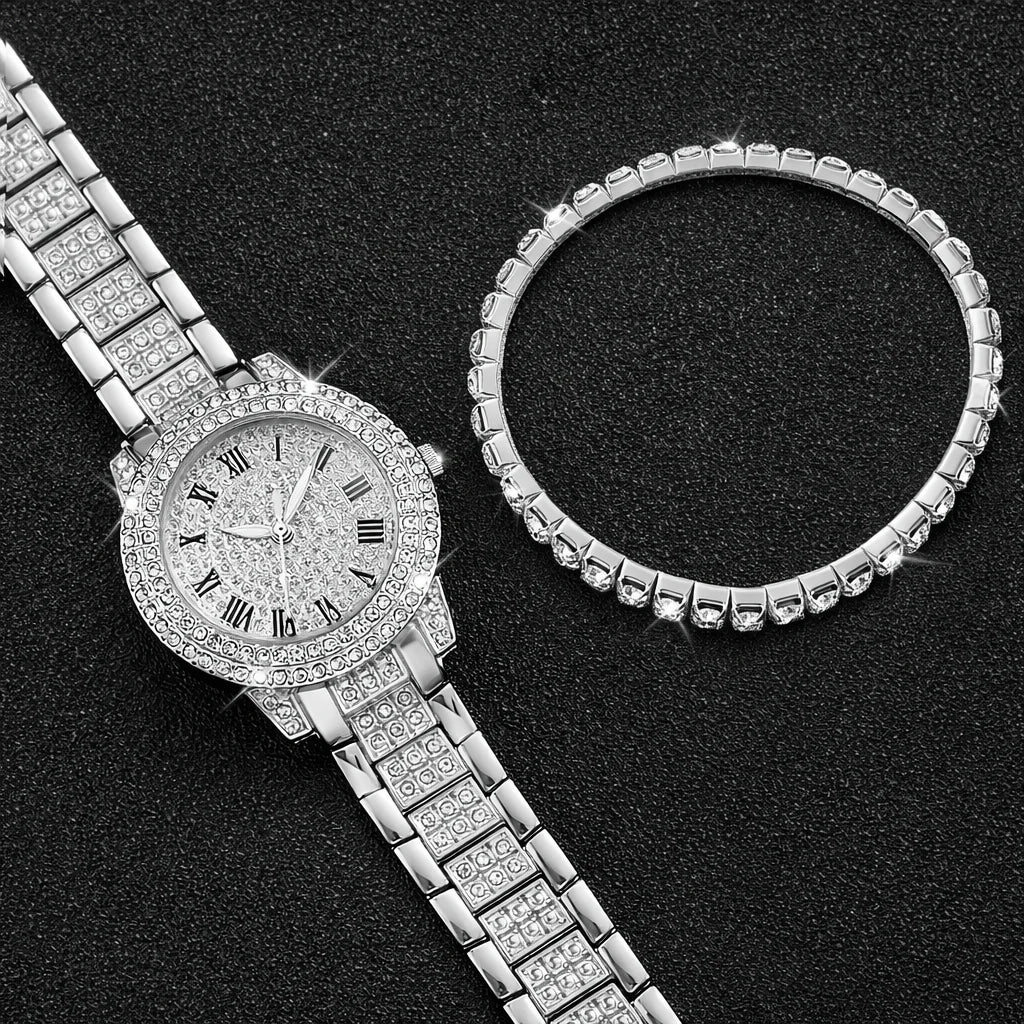 Relógio Feminino Números Romanos Cravejado Ice Com Pulseira Riviera Dupla