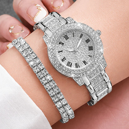 Relógio Feminino Números Romanos Cravejado Ice Com Pulseira Riviera Dupla