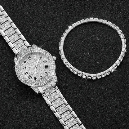 Relógio Feminino Números Romanos Cravejado Ice Com Pulseira Riviera Dupla