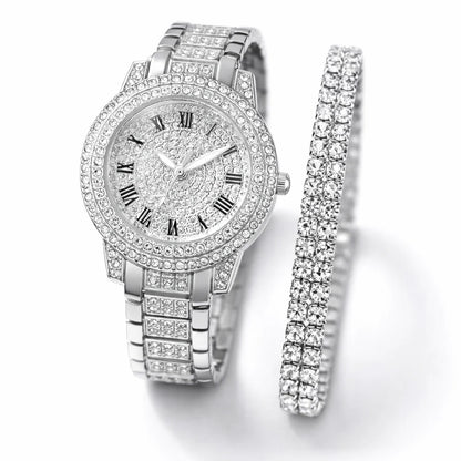 Relógio Feminino Números Romanos Cravejado Ice Com Pulseira Riviera Dupla