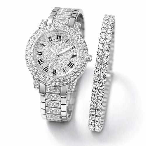 Relógio Feminino Números Romanos Cravejado Ice Com Pulseira Riviera Dupla