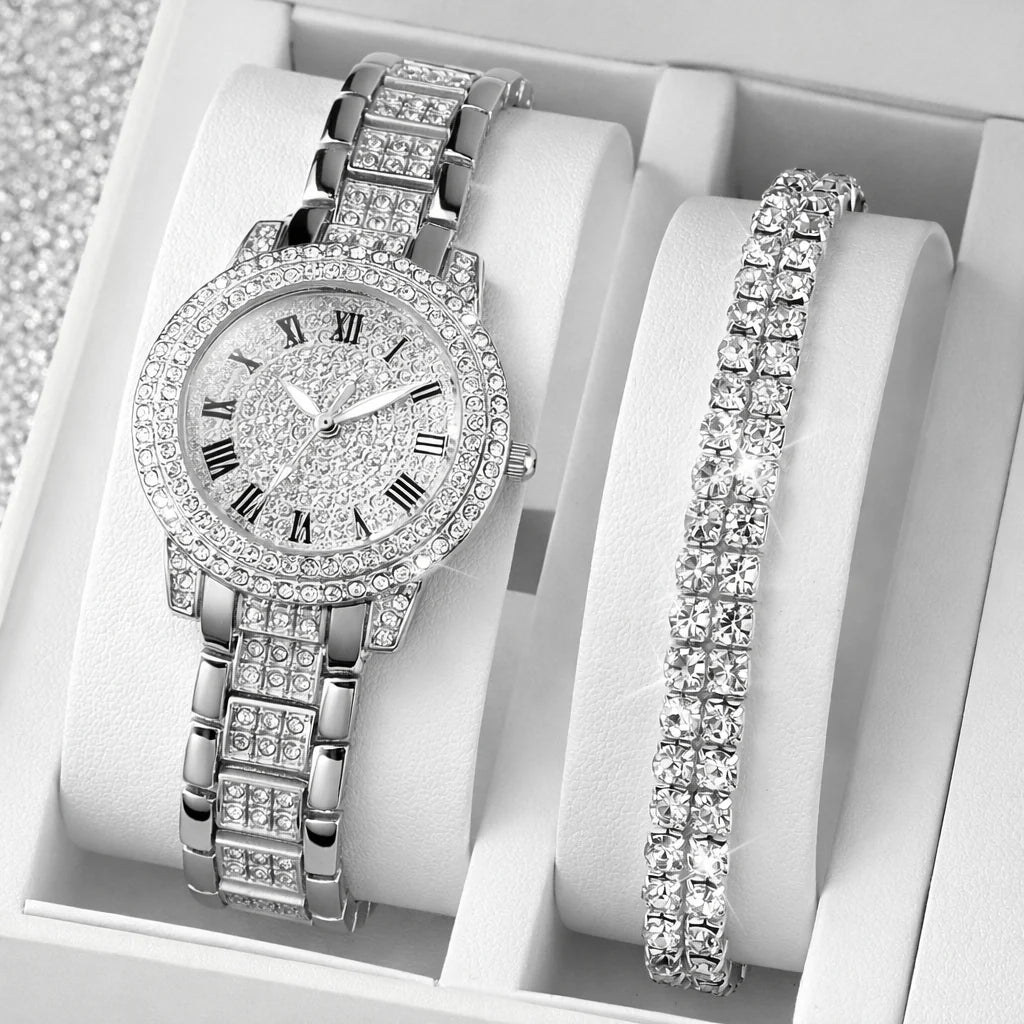 Relógio Feminino Números Romanos Cravejado Ice Com Pulseira Riviera Dupla